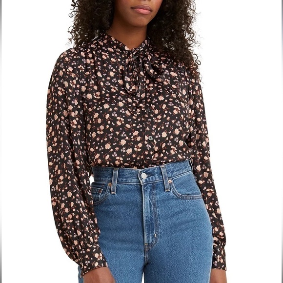 Levi’s Black Floral Marianna Donna Floral Dusty Caviar Printed Tie-Neck Top XXL - Picture 1 of 8